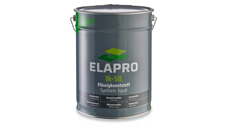 12kg- Metall-Eimer des Produkts "ELAPRO 1k-SIL," einem Flüssigkunststoff mit Eigenschaften wie Klebefreiheit, UV-Beständigkeit, Diffusionsoffenheit und Umweltfreundlichkeit.
